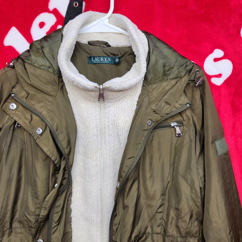 Lauren Ralph Lauren Womens Medium Olive Green Hooded Utility Jacket Sherpa Lined